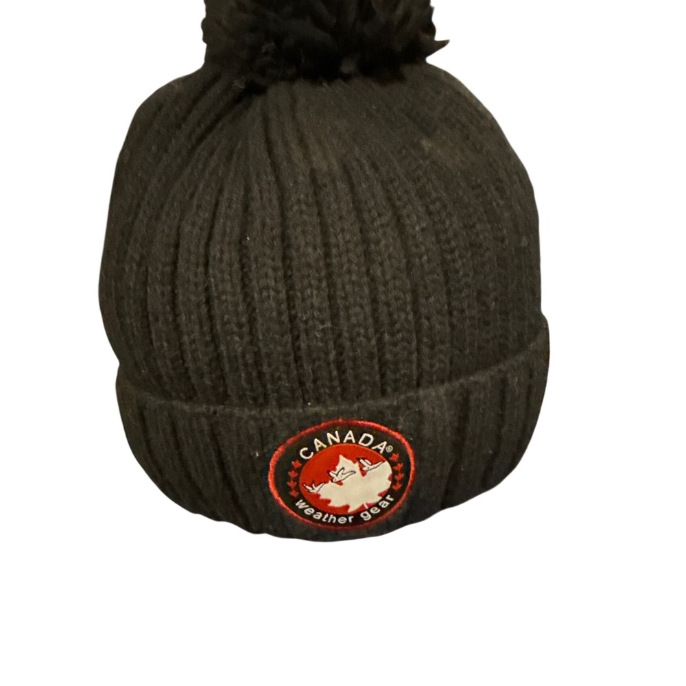 Canada Weather Gear Black Ribbed Beanie Faux Fur Lined Pom Pom Hat RN113756